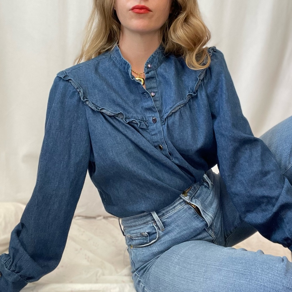 Vintage Cottagecore Denim Chambray Blouse - Picture 6 of 14